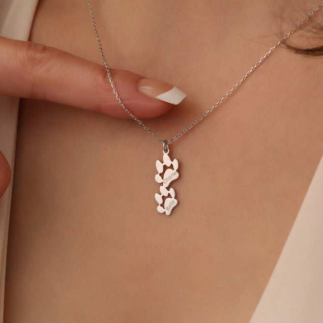 Personalized Pet Paw Print Name Necklace Cat Dog Paw Necklace For Pet Moms