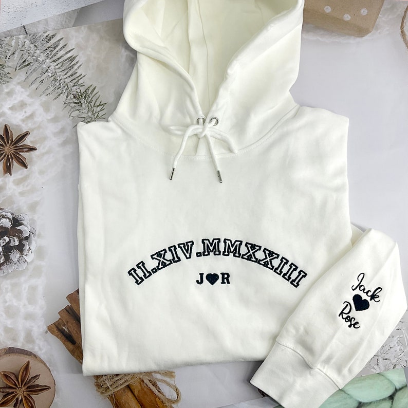 Sudaderas con capucha con fecha romana de aniversario bordado, regalo del día de San Valentín