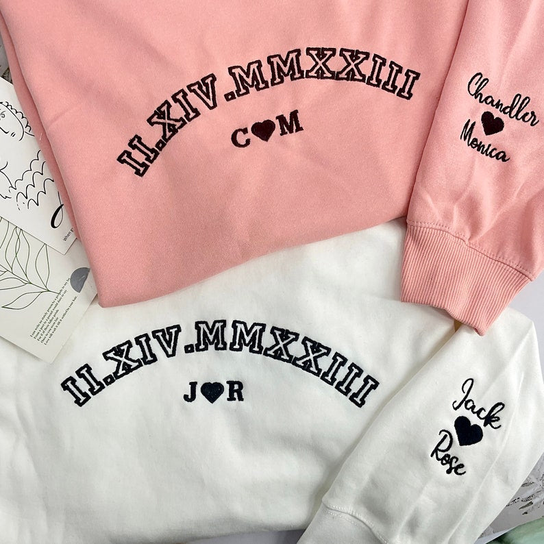 Sudaderas con capucha con fecha romana de aniversario bordado, regalo del día de San Valentín
